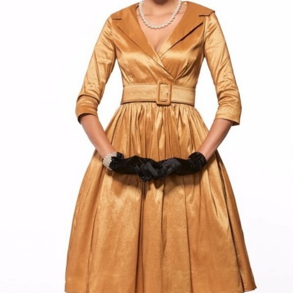 Rockabilly Pin Up Shiny Gold Vintage Style Dress - Picture 3 of 6